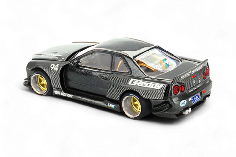 Kaido House KHMG222 Nissan Skyline GT-R R34 Kaido Works GReddy V2 màu xám đậm, vành vàng, tỉ lệ 1:64